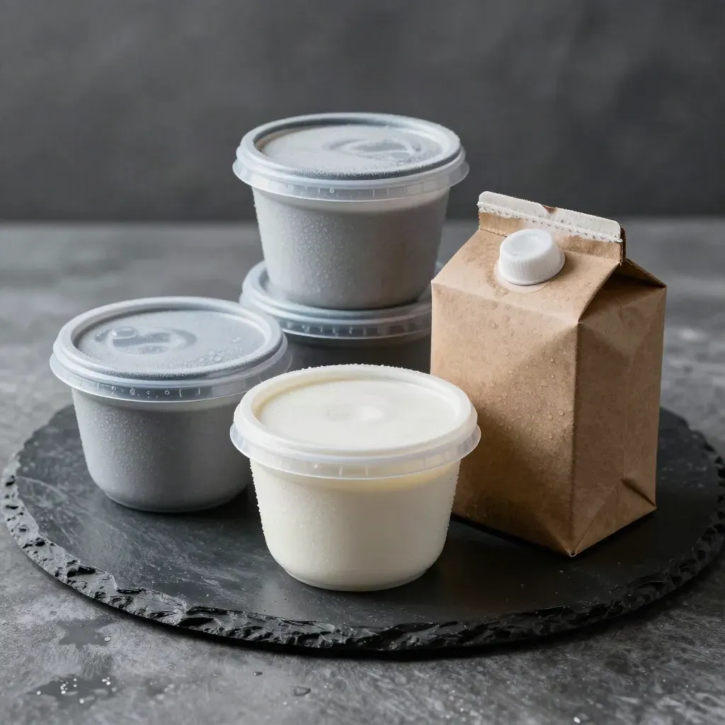 Chilled food tubs, tray lid and kraft carton on slate under hard side light.