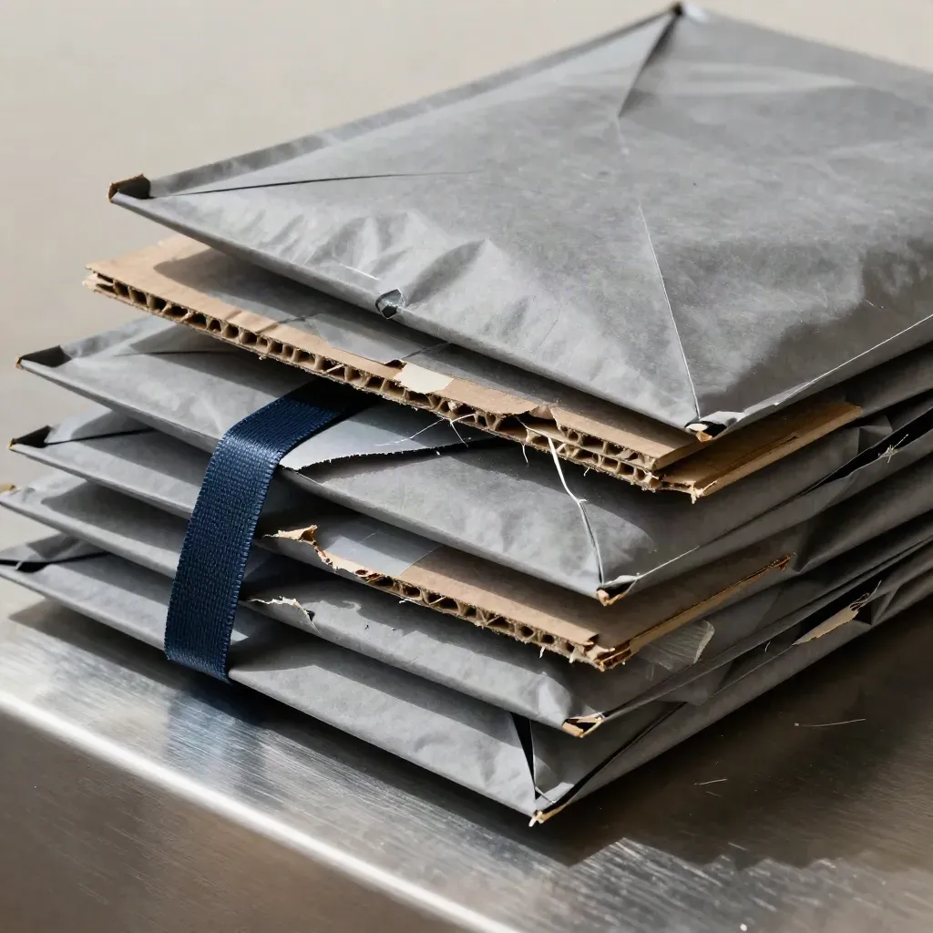 Grey mailer sleeves and corrugated offcuts on brushed metal under raking light.