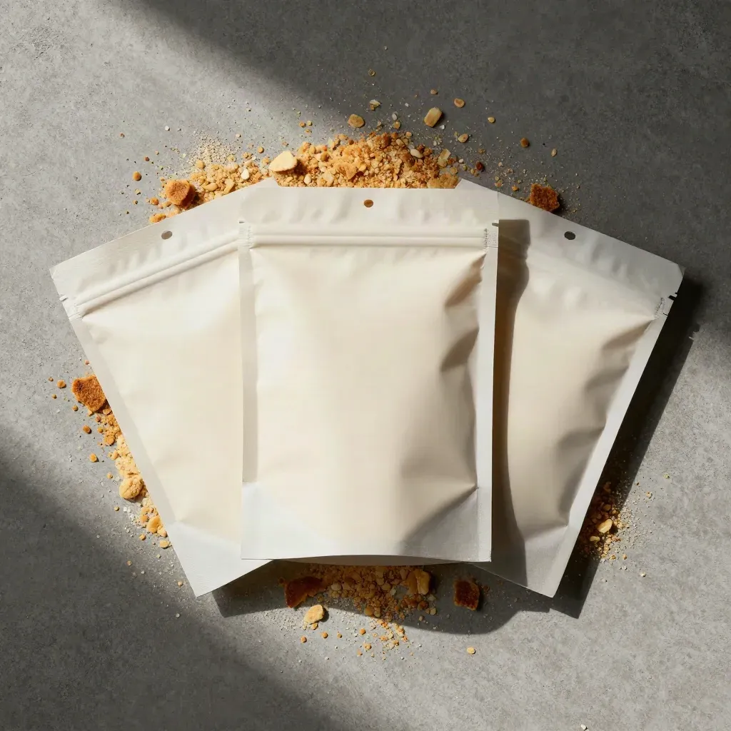 Snack pouches, carton sleeve and crumbs on concrete in a top-down editorial still life.
