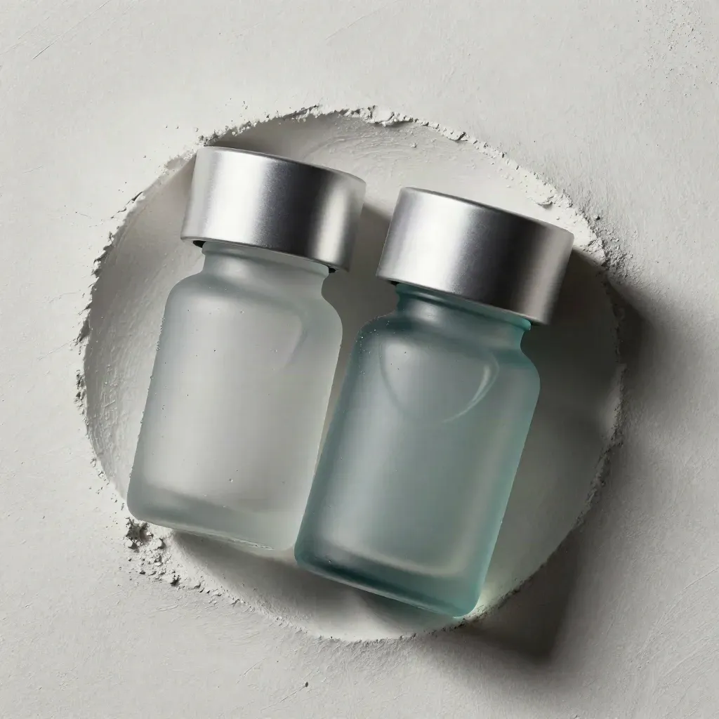 Frosted serum vials, satin caps, and a cosmetic jar lid on pale plaster in soft beauty light.
