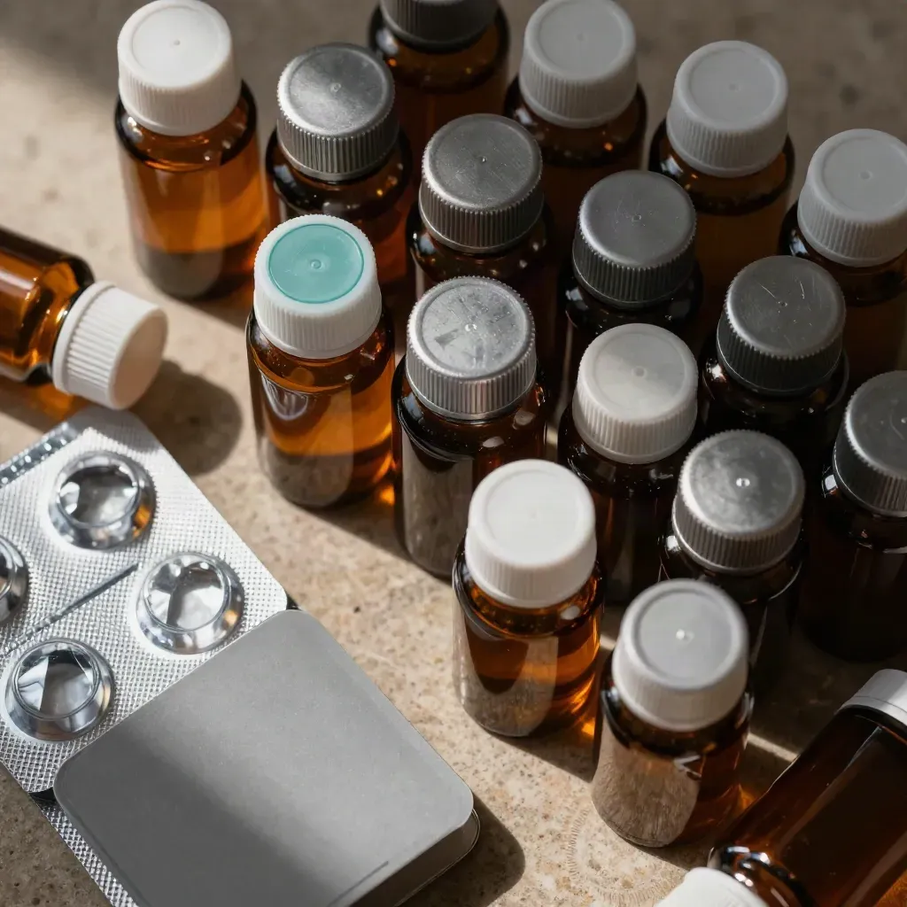 Amber pharmacy bottles, blister packs, and carton sleeve on stone, lit dramatically from above.