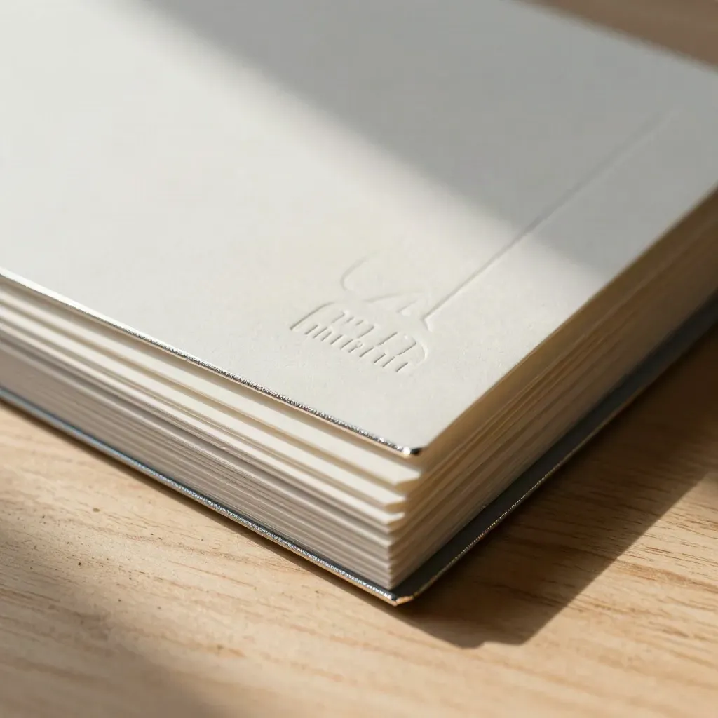 Embossed paper cards, foil seals and label-stock corners on pale wood in soft raking light.