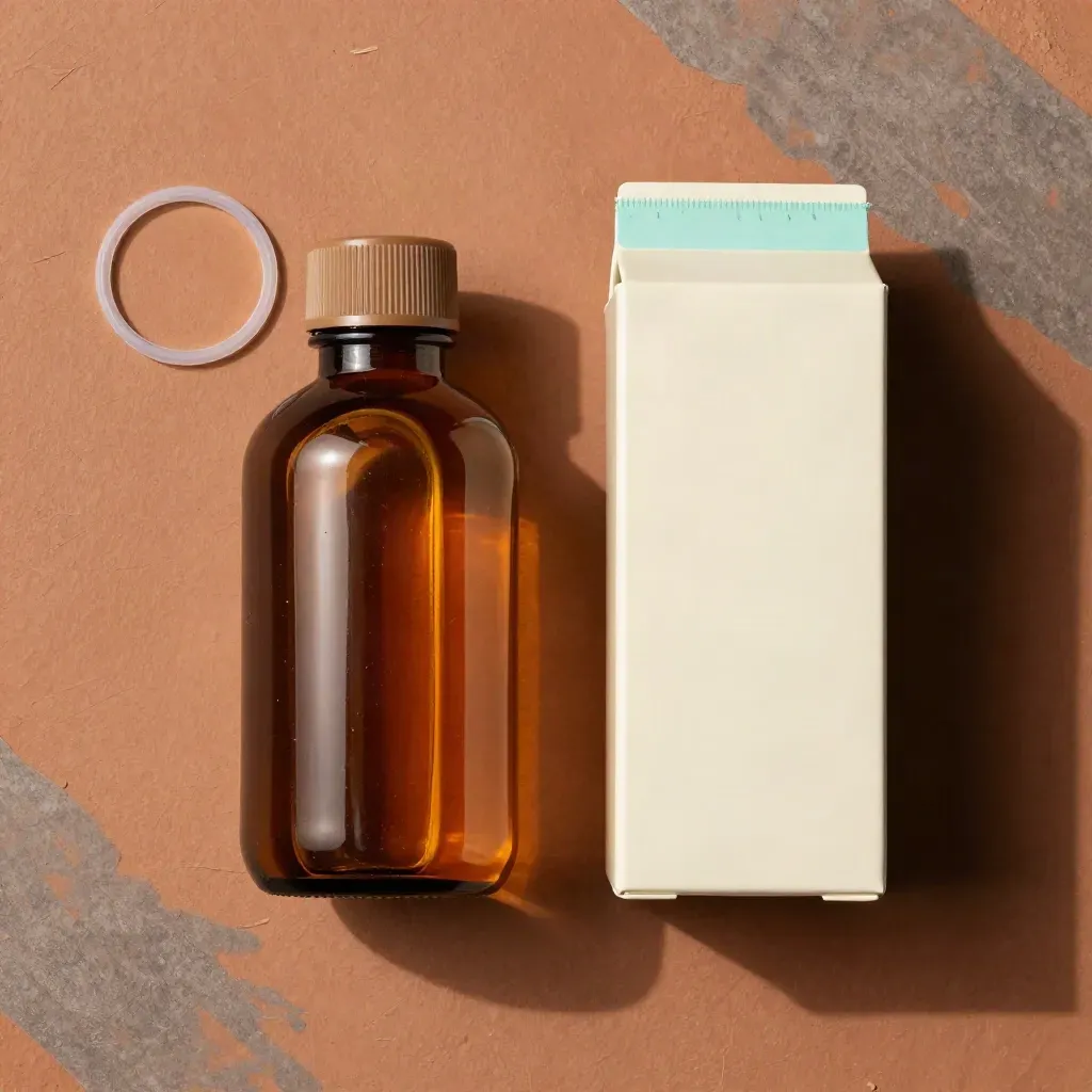 Amber bottle, child-safe cap, tamper ring, and blank carton sleeve on terracotta stone in soft daylight.