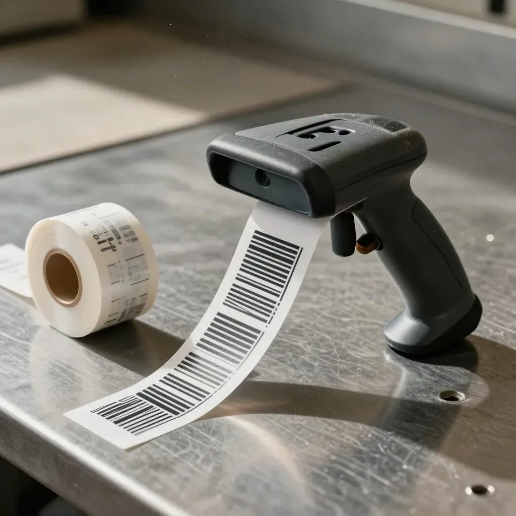 Barcode strip, handheld scanner and thermal label roll on a steel bench