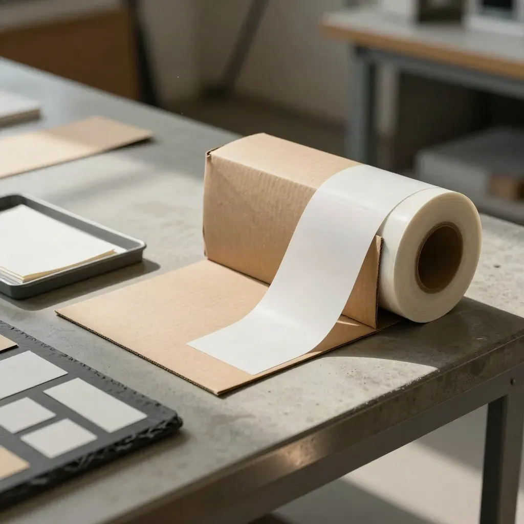 Carton mockup, label roll and sample tray on concrete in soft studio light