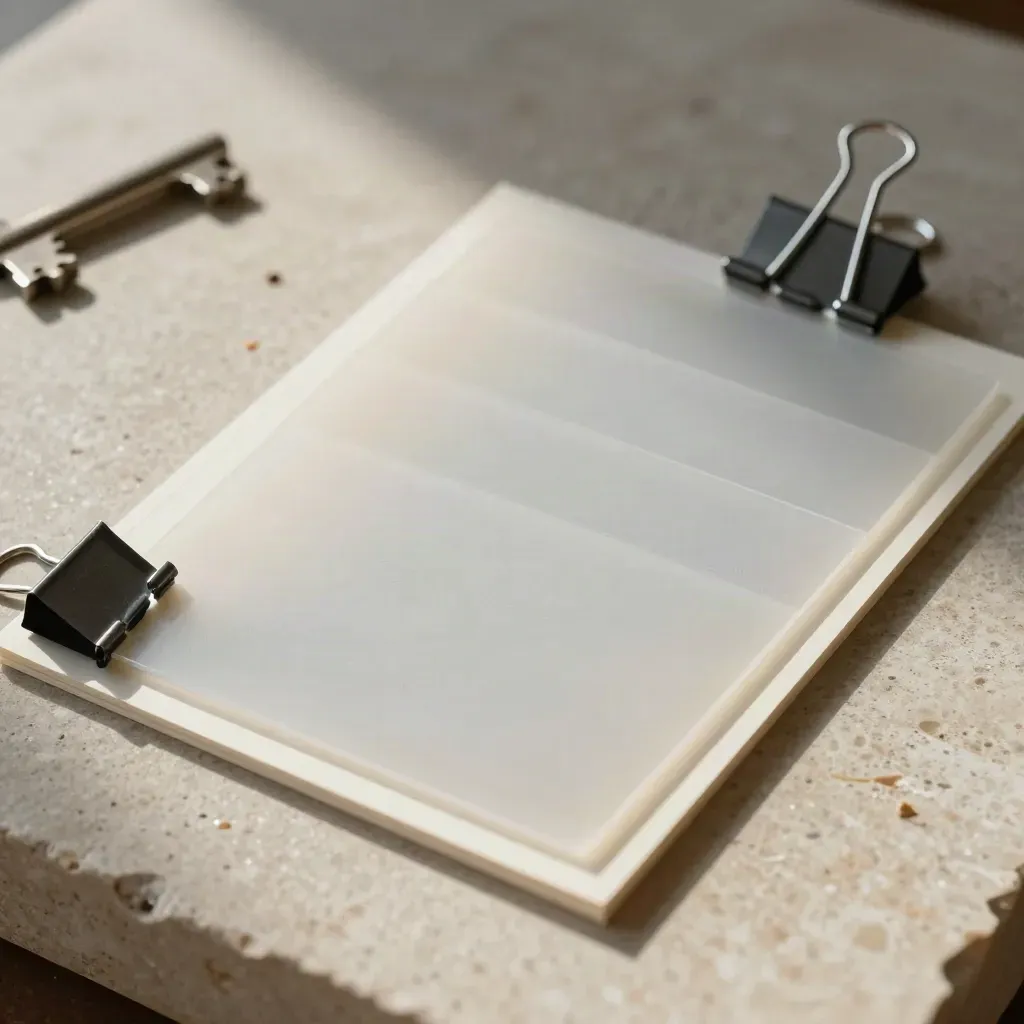 Layered acetate proofs clipped with paper corners, showing a revision stack on pale stone.