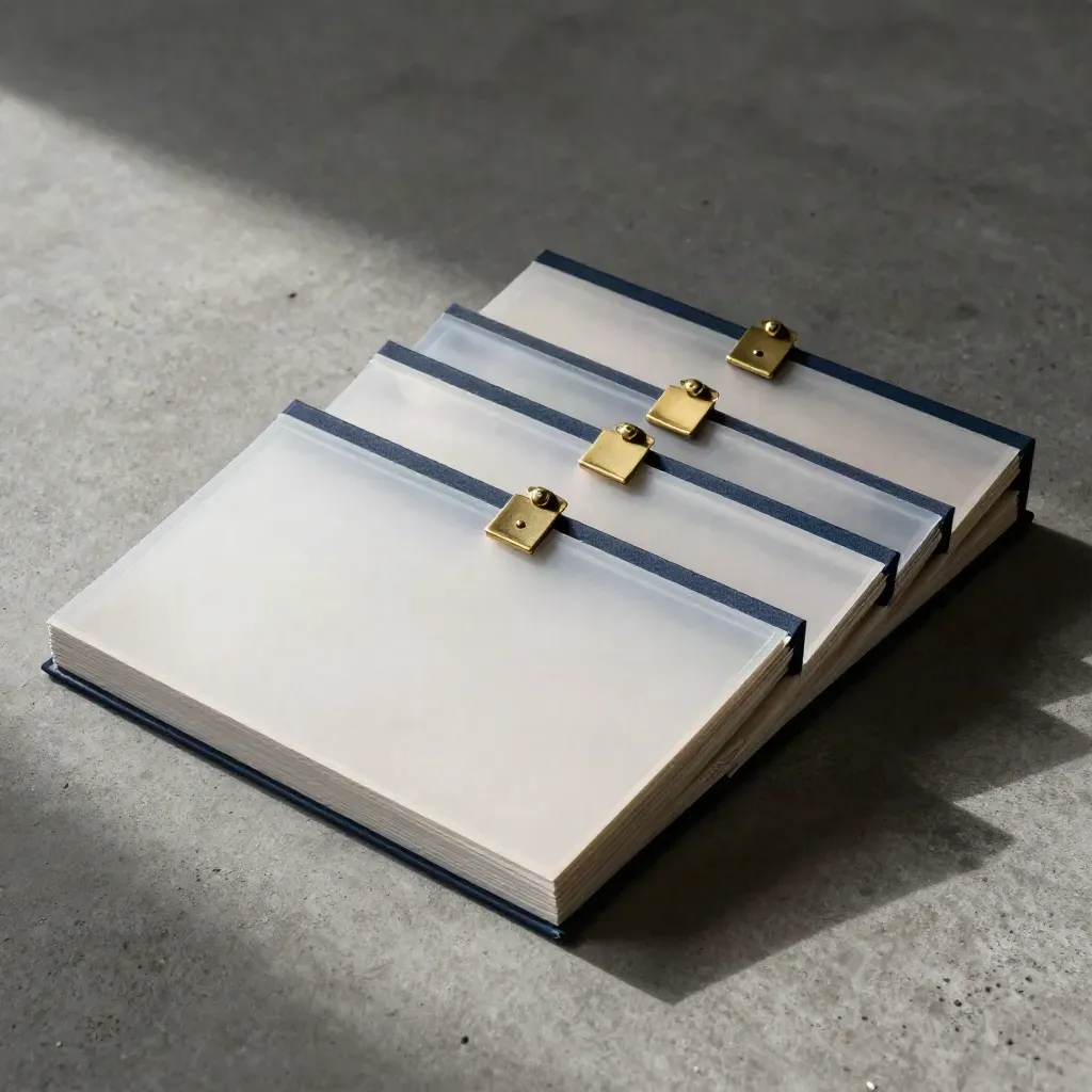 Three nested proof sample packs with tabs and a brass clip on concrete under dramatic light.