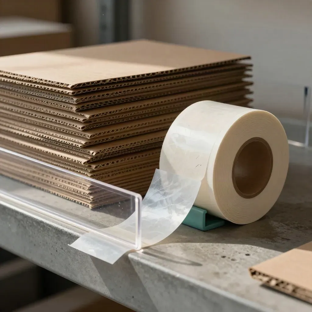 Macro pack-room still life of carton blanks, label rolls and seal strips through a clear divider.
