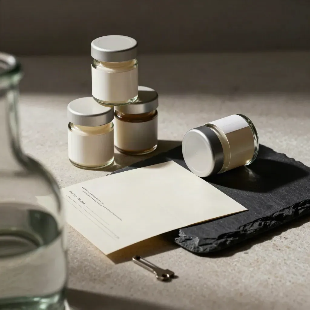 Blurred bottle foreground, premium sample jars and blank cards on a stone sample bench.