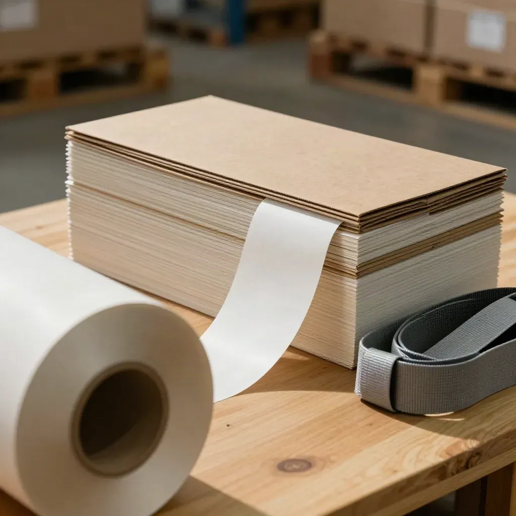 Rolled labels, carton sleeves and pallet straps on a honey oak packing bench, seen through a blurred roll core.