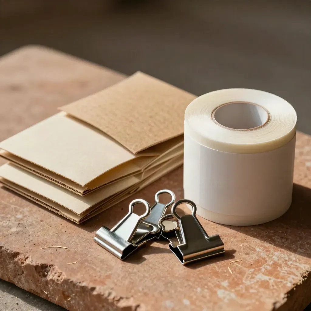 Carton sleeves, label rolls, and steel clips on warm stone under soft daylight.