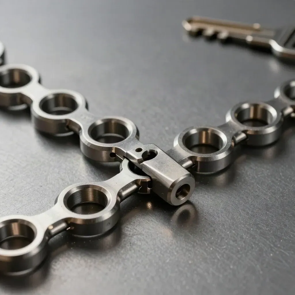 Top-down metal connector links and rings on graphite, lit dramatically with a slate industrial finish.