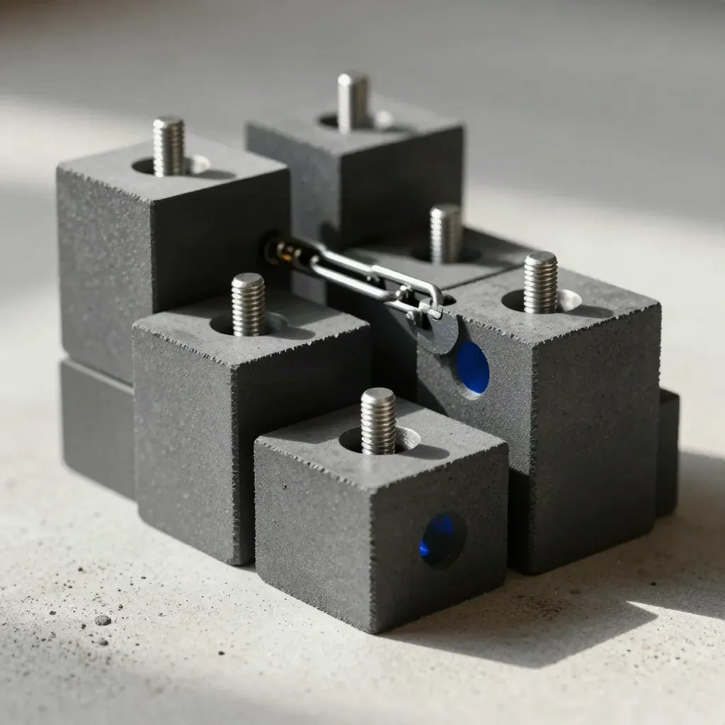 Stacked graphite blocks, steel pins, and linked brace on pale concrete, side lit