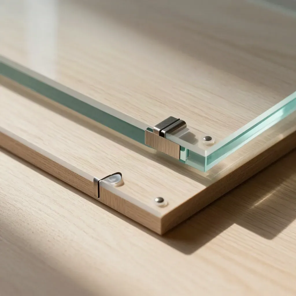 Translucent acrylic tiles, steel spacers and clear shims aligned on pale wood.
