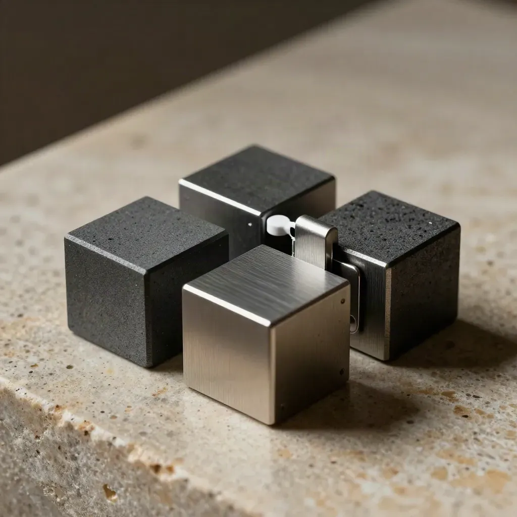 Magnetic cubes, steel clips, and a grid on warm stone in dramatic studio light.